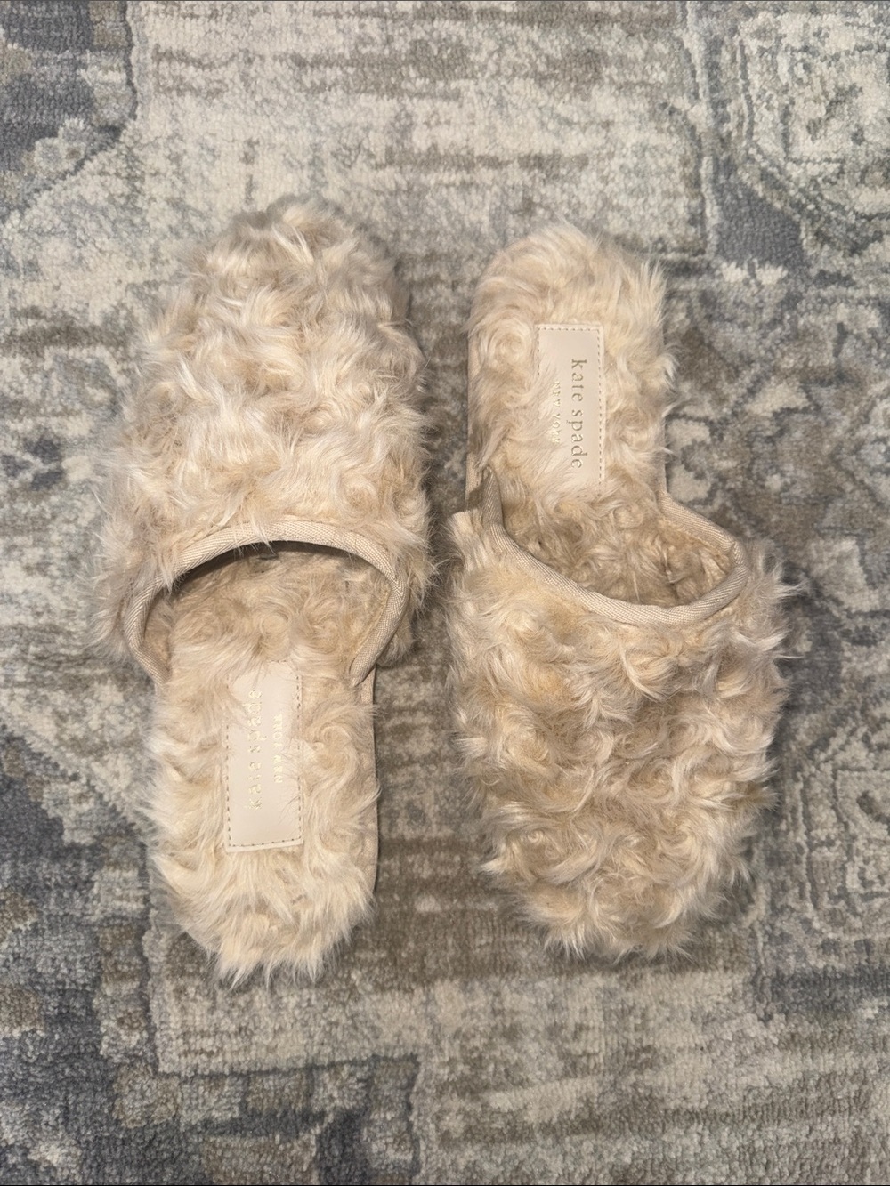 kate spade Plush Faux-Fur Slide Slippers in Light Beige